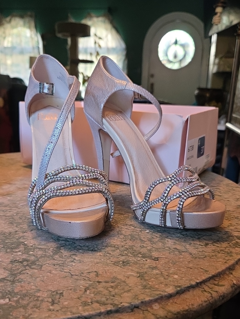 Faith "Lethal" Rhinestone Strappy High Heel Sandals in Natural/champagne